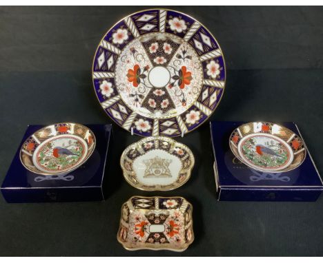 A pair of Royal Crown Derby Old Imari Christmas Robin trinket trays, first quality, boxed; a 2451 pattern side plate, second;