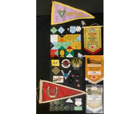 Caravan Club - memorabilia including an enamel car badge, three enamel pin badges, assorted Caravan Club pennants, Derbyshire