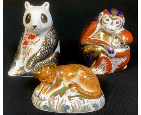 A Royal Crown Derby paperweight, Panda, silver stopper, second, printed mark; others, Mother and Baby Ape, silver stopper, se