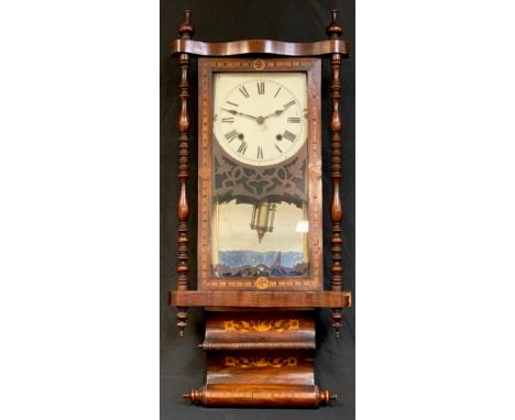 An American walnut and marquetry wall clock, c.1870, approx. 88cm high 