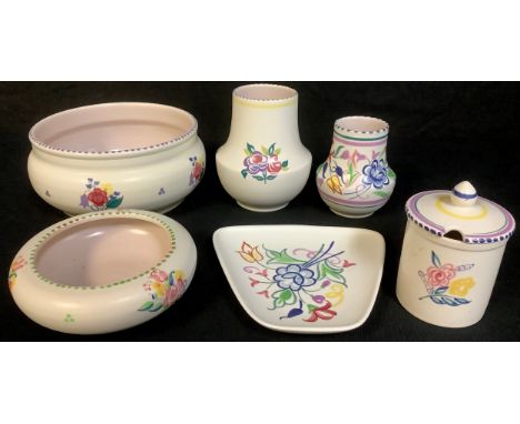 A Poole Traditional Ware fruit bowl; others, serving platter, preserve jar and cover; etc (6) 