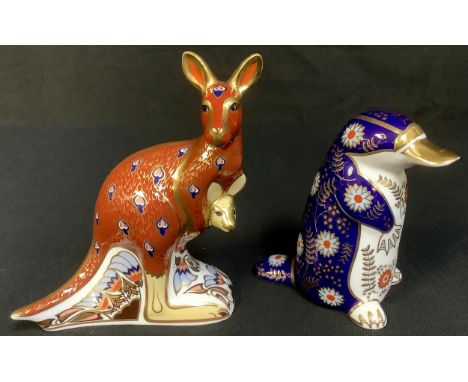 A Royal Crown Derby paperweight, Kangaroo, silver stopper, second, 15cm, printed mark; another, Duckbilled Platypus, silver s