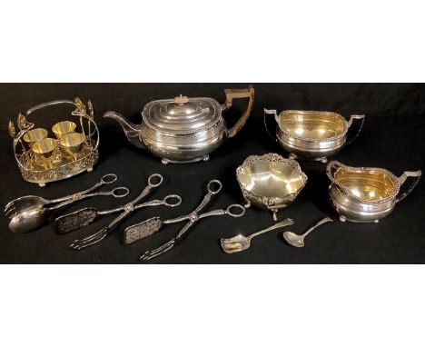 Plated Ware - a Walker &amp; Hall plated three piece tea service; serving tongs; egg cup stand; etc 