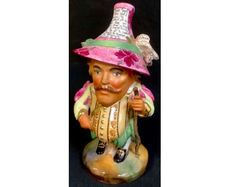 A Royal Crown Derby Mansion House Dwarf, Theatre Royal Hay Market, his feathered hat in shades of pink, floral yellow waistco