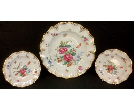 A Royal Crown Derby Derby Days pattern shaped circular cabinet plate, 25.5cm diameter, printed mark, second quality; a pair o