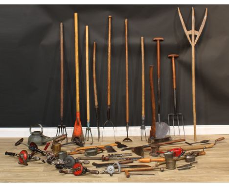Tools - 19th century and later hand and agricultural tools including turf spade, hay fork, hand drills, axes, watering can, e