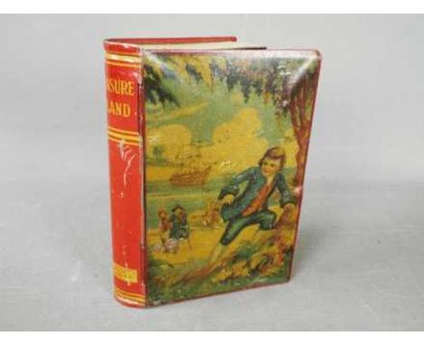 A Chad Valley novelty tinplate money box in the form of a book, titled 'Treasure Island'