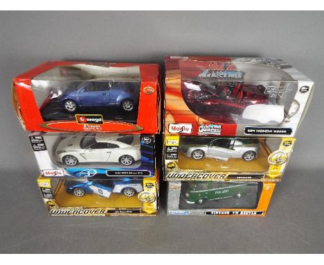 Maisto, Bburago,Welly -  Six boxed diecast model cars in 1:24 scale. Lot includes Maisto 'Need for Speed Undercover' Audi R8;