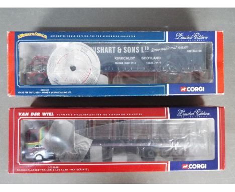 Corgi - A pair of boxed Limited Edition 1:50 scale trucks from the Corgi. CC12208 Scania Flatbed Trailer &amp; Log Load 'Van 