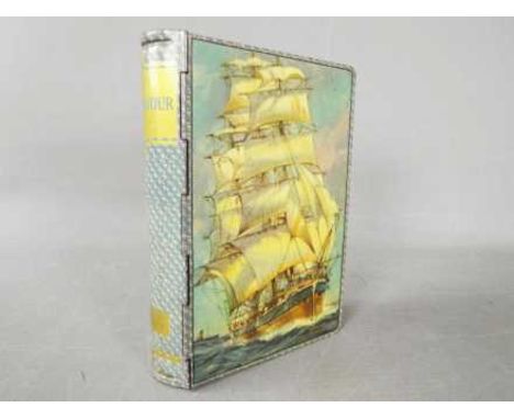 A Chad Valley novelty tinplate money box in the form of a book, titled 'Endeavour' and printed image of a ship.