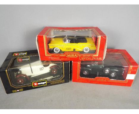 Bburago; Mira - Three boxed diecast 1:18 scale vehicles. Lot includes Bburago #3002 Mercedes Benz SSKL 'Carracciola' 1931; Mi