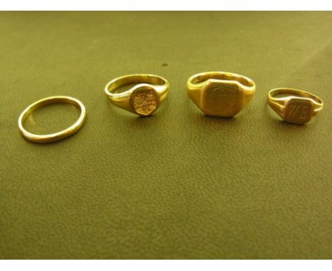 Three 9 ct gold signet rings, sizes U, R and L and a 9 ct gold wedding band size R - Total weight approx. 14 grms 
Condition 