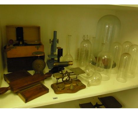 A collection of Scientific items including seven glass domes, six other glass items, two microscopes - one broken - two scale