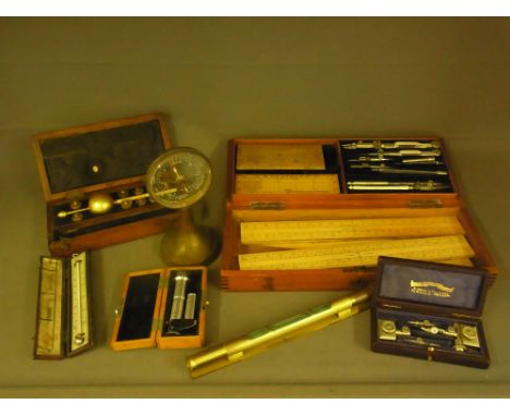 A J Coombes boxed draughtsman set and a small set a level, Cooke and Sons thermometer, a Goerz desk barometer Sikes Hydromete