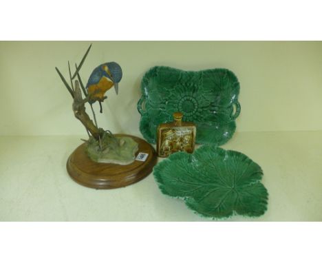 Two Wedgewood green leaf plates, a Limited Edition porcelain Kingfisher and a humorous porcelain hip flask
Condition report: 