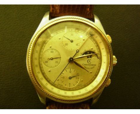 A gents Chronoswiss Pacific 100m stainless steel and gold chronograph wristwatch with 32mm gold coloured dial having moon rol
