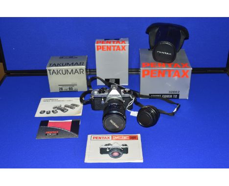 Pentax Me Super 35mm Camera with Zoom 1:3.5-4.5 Lens, and Pentax M 1:1.7 50mm Lens, plus Case and Packaging