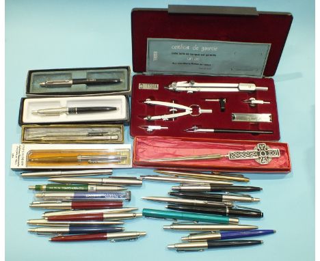 A collection of ball point pens, mainly Parker, an Essel cased geometry set and other items.