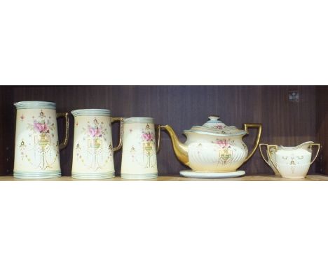 A set of three Fieldings Crown Devon Dora decorated graduated jugs and a three-piece tea service with tea pot stand, (sugar b