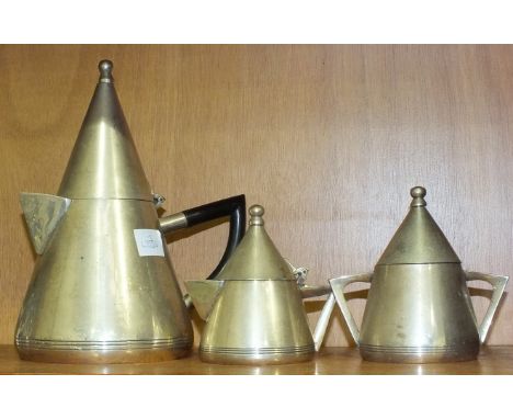 A stylish Art Deco conical three-piece metal tea service, comprising teapot, 22cm high, cream jug, 11cm high and sugar bowl, 