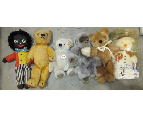 A Chad Valley &amp; Co. teddy bear, 39cm high, a Merrythought teddy bear, 35cm high, a modern Steiff teddy bear, 24cm, a mode