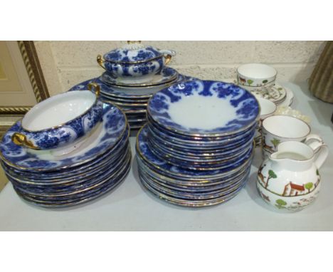 Forty-six pieces of Regent blue, white and gilt decorated dinnerware, eleven pieces of Crown Staffordshire Hunting Scene tea 