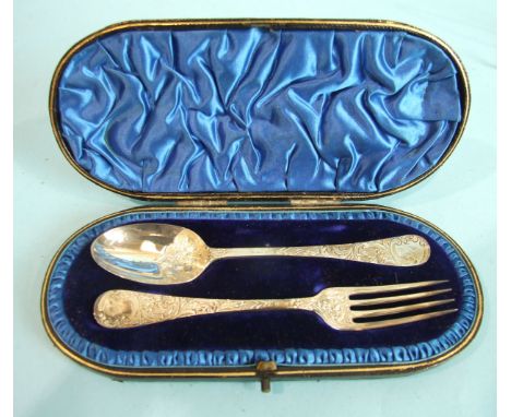 An engraved christening fork and spoon engraved 'Gladys', in fitted baize case, London, 1896.
