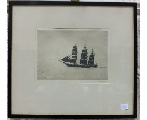 Philip Kappel (American 1901-81), A THREE MASTED TALL SHIP, etching, signed in margin in pencil, 19 x 26.5cm.