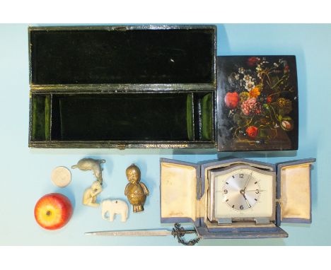 An unsigned papier mâché box, the lid painted with a vase of flowers, a Mappin &amp; Webb leather jewellery case and other it