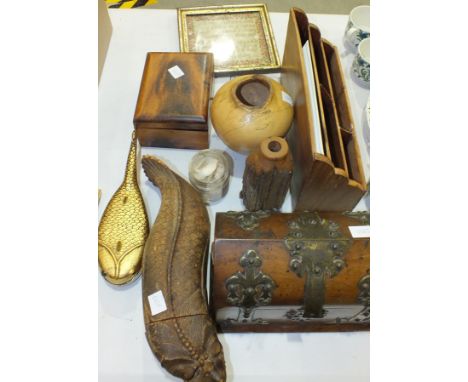 A wooden casket with gilt metal decoration and hinged triangular lid, 25cm wide, 19.5cm high, a studio sycamore vase by Tim S