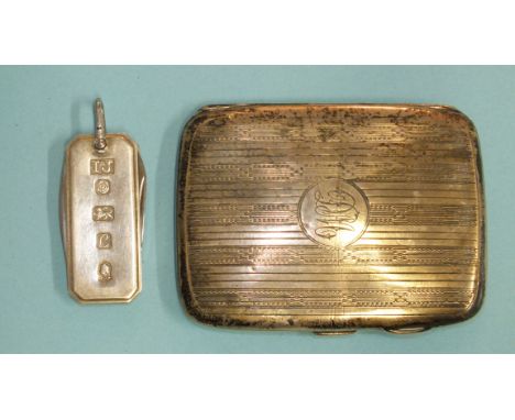 A small silver cigarette case with engine-turned engraving, inscription inside The Little Bean 2/9/27 from Musty Mike, Birmin