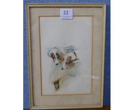 Olive Lazenby, watercolour study of two terriers hunting a rabbit, watercolour