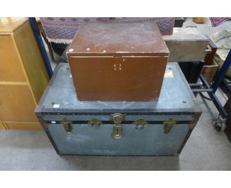 A steamer trunk and box