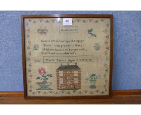 An early 19th Century sampler, Marie Farrar, Hyde Court, aged 9 years, framed, a/f
