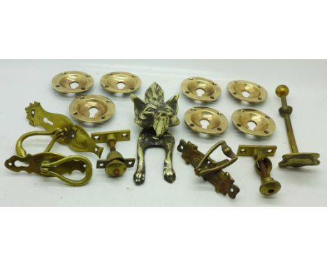 Brassware including a fox door knocker and other door furniture