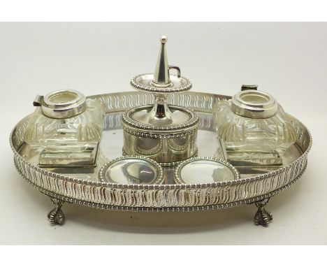 A plated inkstand, (hinges and chamber stick a/f, plate worn)