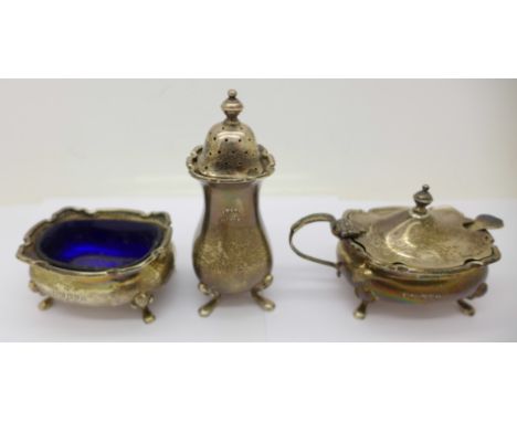 A three piece silver condiment set by Walker &amp; Hall, 190g