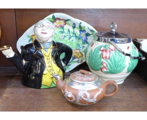 A Lingard Mr Pickwick teapot, a Wilkinson Celtic Leaf biscuit barrel, a Maling dish and a terracotta teapot