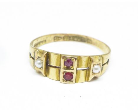 A Victorian 15ct gold, ruby and pearl ring, 1.9g, O