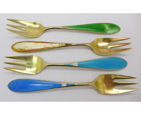 Four .925 silver and enamelled pastry forks, enamel a/f, 86.7g