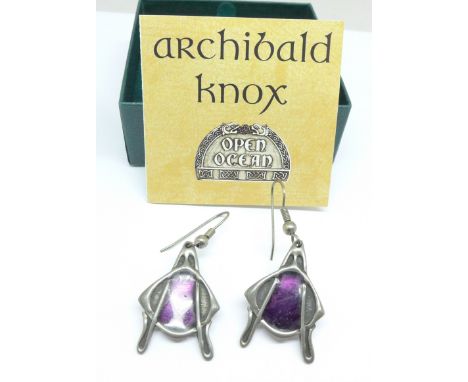 A pair of Open Ocean Archibald Knox design earrings, with leaflet