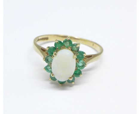 A 9ct gold, opal and emerald ring, 1.6g, L