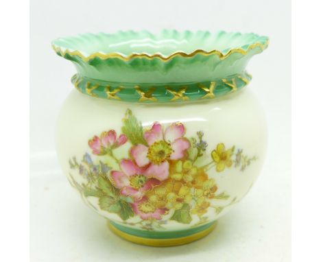 A Royal Worcester pot, with aqua coloured bands, decorated with flowers, 1651, 8.5cm