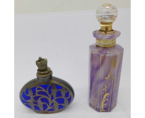 A mid-20th Century silver and enamel souvenir perfume bottle, Koln ARH, German, and a mauve glass perfume bottle and dropper