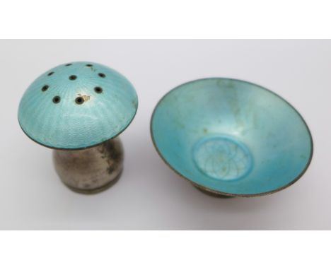 A Danish silver and enamel salt and pepper, both stamped ELA, Egon Lauridsen, Denmark, 45.8g, enamel a/f on the pepper