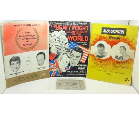 Three boxing programmes, Muhammed Ali v Brian London, 1966, with ticket stub, Henry Cooper v Boston Jacobs at DeMontfort Hall