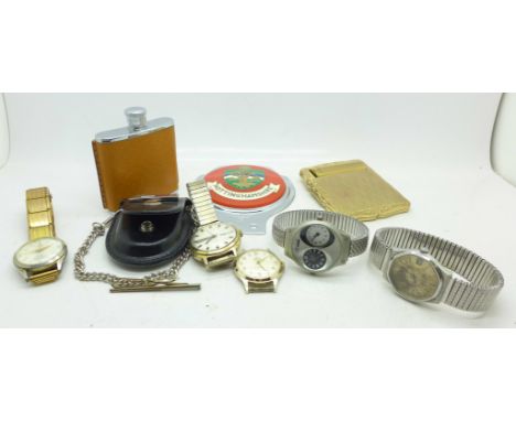A Nottinghamshire car badge, spirit flask, a Stratton compact and watches