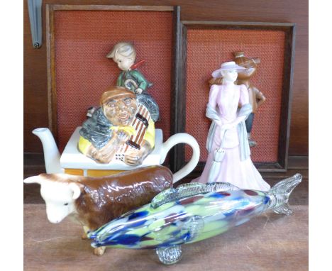 A Hummel style plaque, one other, a Coalport figure, Ashley, Murano glass fish, model of a bull and a Carlton Ware novelty te