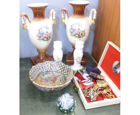 A box of costume jewellery, an Oriental bowl, pair of vases (one a/f), a paperweight and a pair of Aynsley candlesticks
