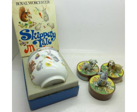 Three Wade Disney character figures, Lady, Scamp and Thumper, boxed, and a Royal Worcester Skippety Tale Maxime lidded pot, b